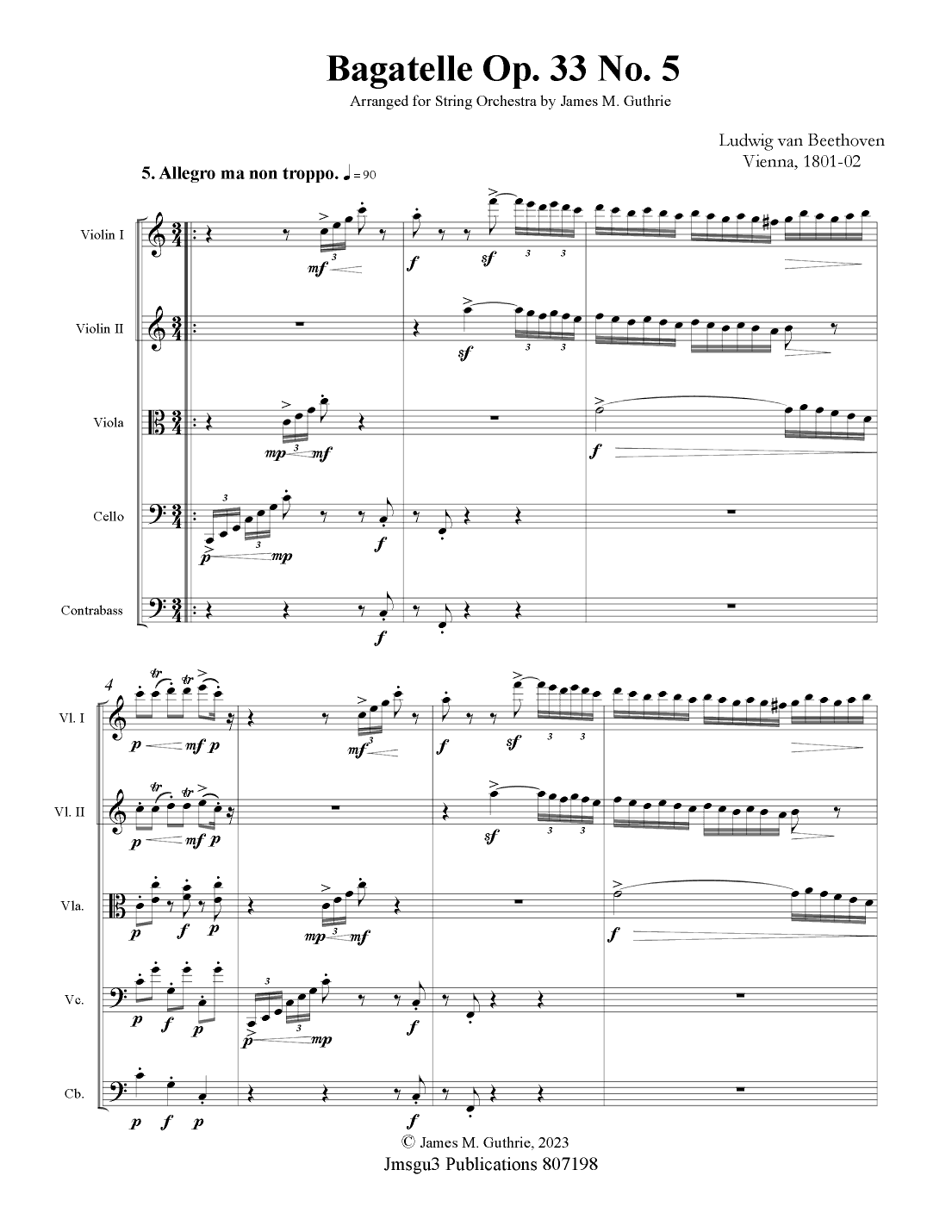 Beethoven: Bagatelle Op. 33 No. 5 for String Orchestra (arr. James M. Guthrie, ASCAP)