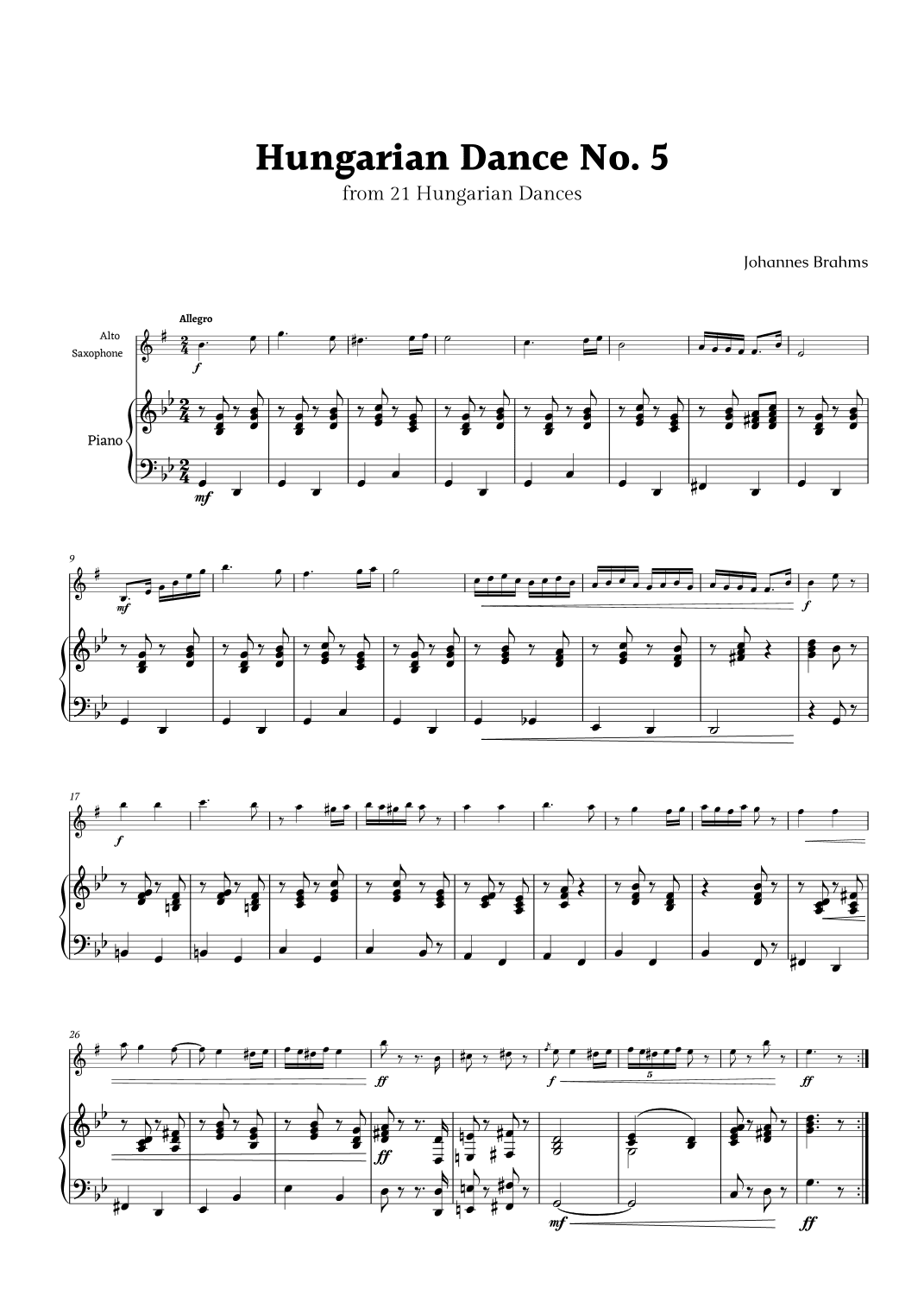 Hungarian Dance No. 5 by Brahms for Alto Saxophone and Piano (arr. Rika K.)