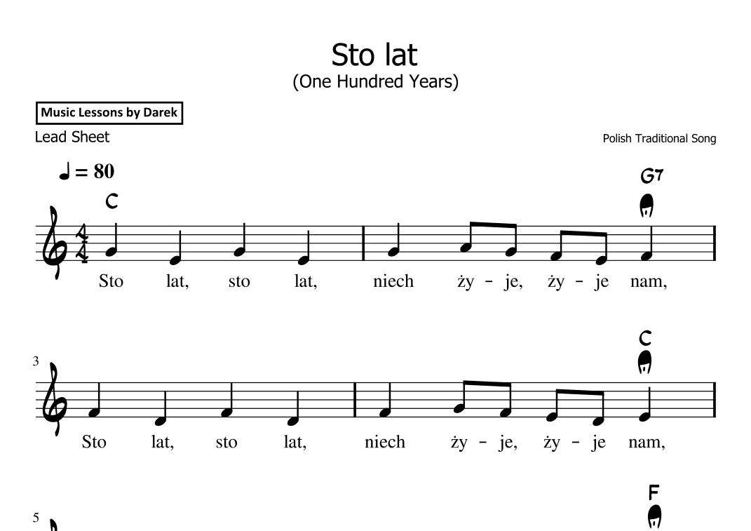 Sto lat (One Hundred Years), Polish Traditional Song [LEAD SHEET] (arr. Darek)