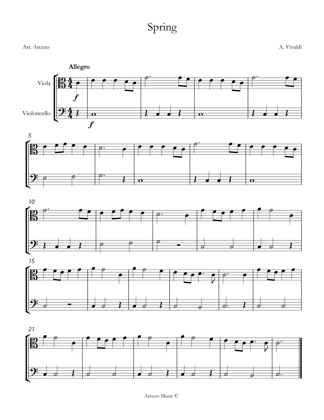 vivaldi spring easy Viola and Cello sheet music (arr. Arezzo Music)
