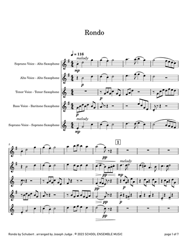 Rondo by Schubert for Saxophone Quartet in Schools (arr. Joseph Judge)