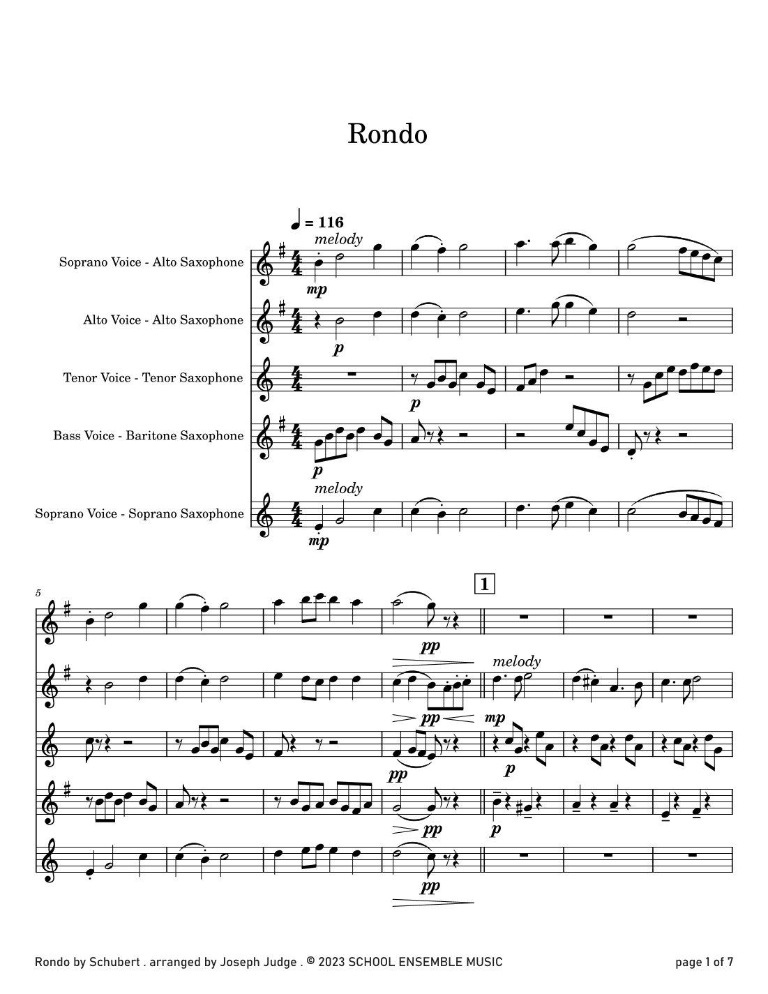 Rondo by Schubert for Saxophone Quartet in Schools (arr. Joseph Judge)