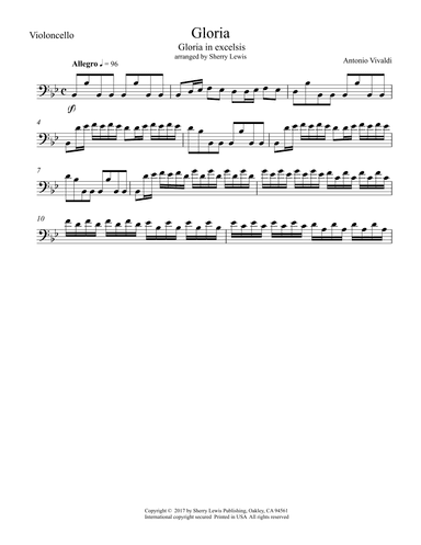 GLORIA IN EXCELSIS, Vivaldi for Cello Solo (arr. Sherry Lewis)