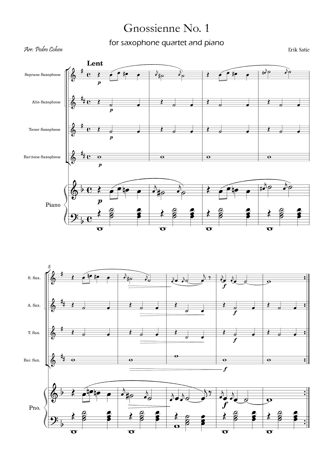 Gnossienne No. 1 – for Saxophone Quartet and Piano (arr. Pedro Cohen)