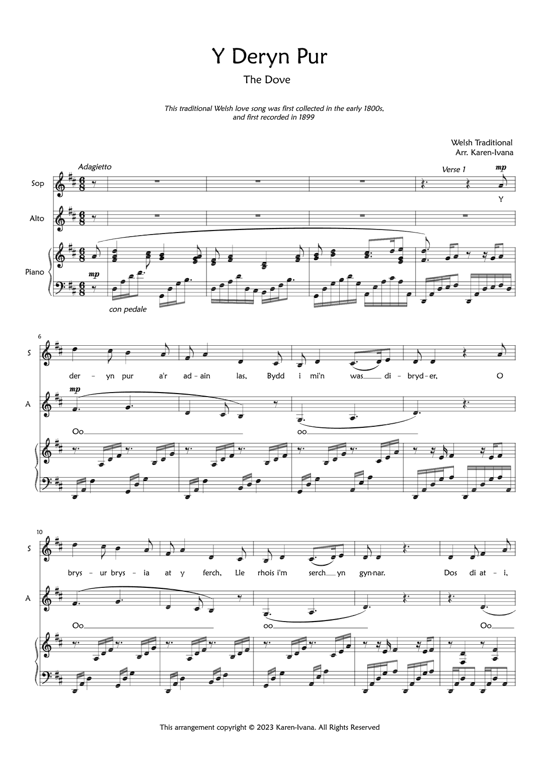 Y Deryn Pur (The Dove) (arr. Karen Ivana)