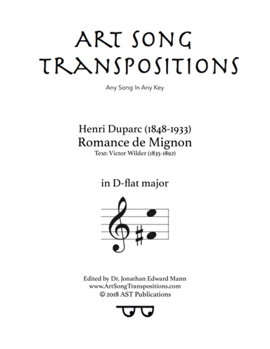 DUPARC: Romance de Mignon (transposed to D-flat major) (arr. ArtSongTranspositions.com)