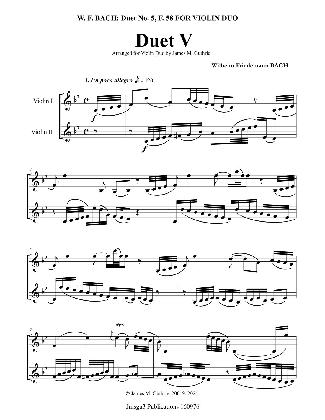 WF Bach: Duet No. 5 for Violin Duo (arr. James M. Guthrie, ASCAP)
