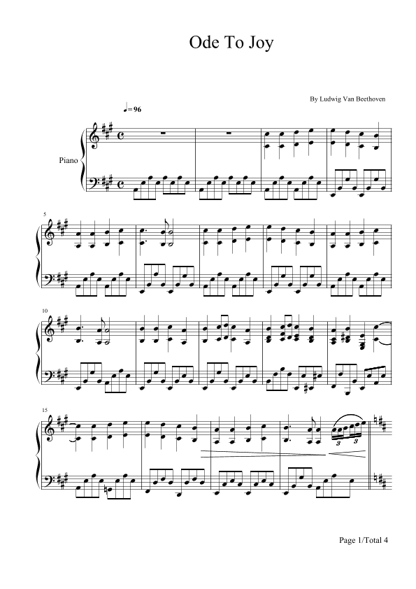Ode to Joy,A Major,from Beethoven Symphony No.9,Piano Solo Sheet (arr. poon)