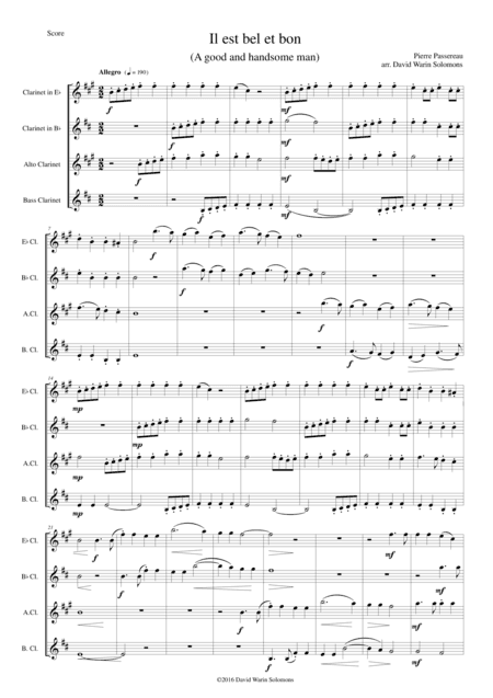 Il est bel et bon (He is good and handsome) for clarinet quartet (E flat, B flat, Alto, Bass) (arr. David Warin Solomons)