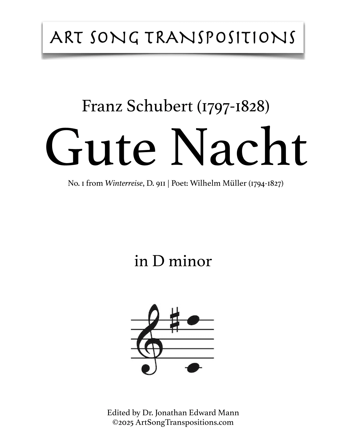 SCHUBERT: Gute Nacht, D. 911 no. 1 (transposed to D minor) (arr. ArtSongTranspositions.com)