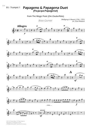 Papageno and Papagena Duet - Brass Quintet (Individual Parts) (arr. César Madeira)