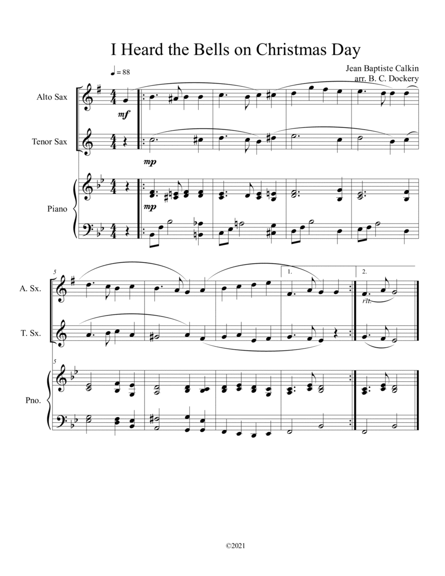 I Heard the Bells on Christmas Day (Alto and Tenor Sax Duet) with optional piano accompaniment (arr. B. C. Dockery)