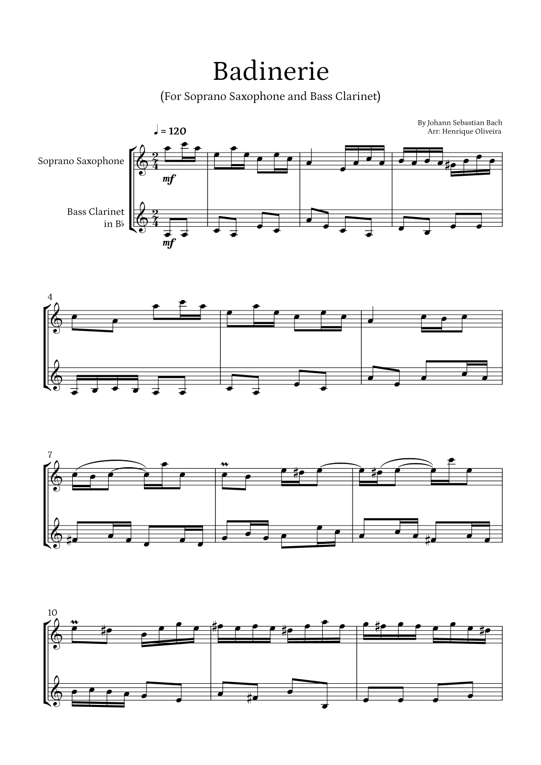 Badinerie by J. S. Bach (For Soprano Saxophone and Bass Clarinet) (arr. Henrique Oliveira)