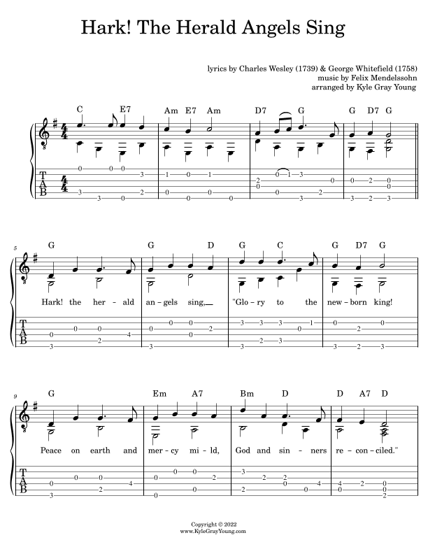 Hark! The Herald Angels Sing (easy fingerstyle guitar tablature) (arr. Kyle Gray Young)