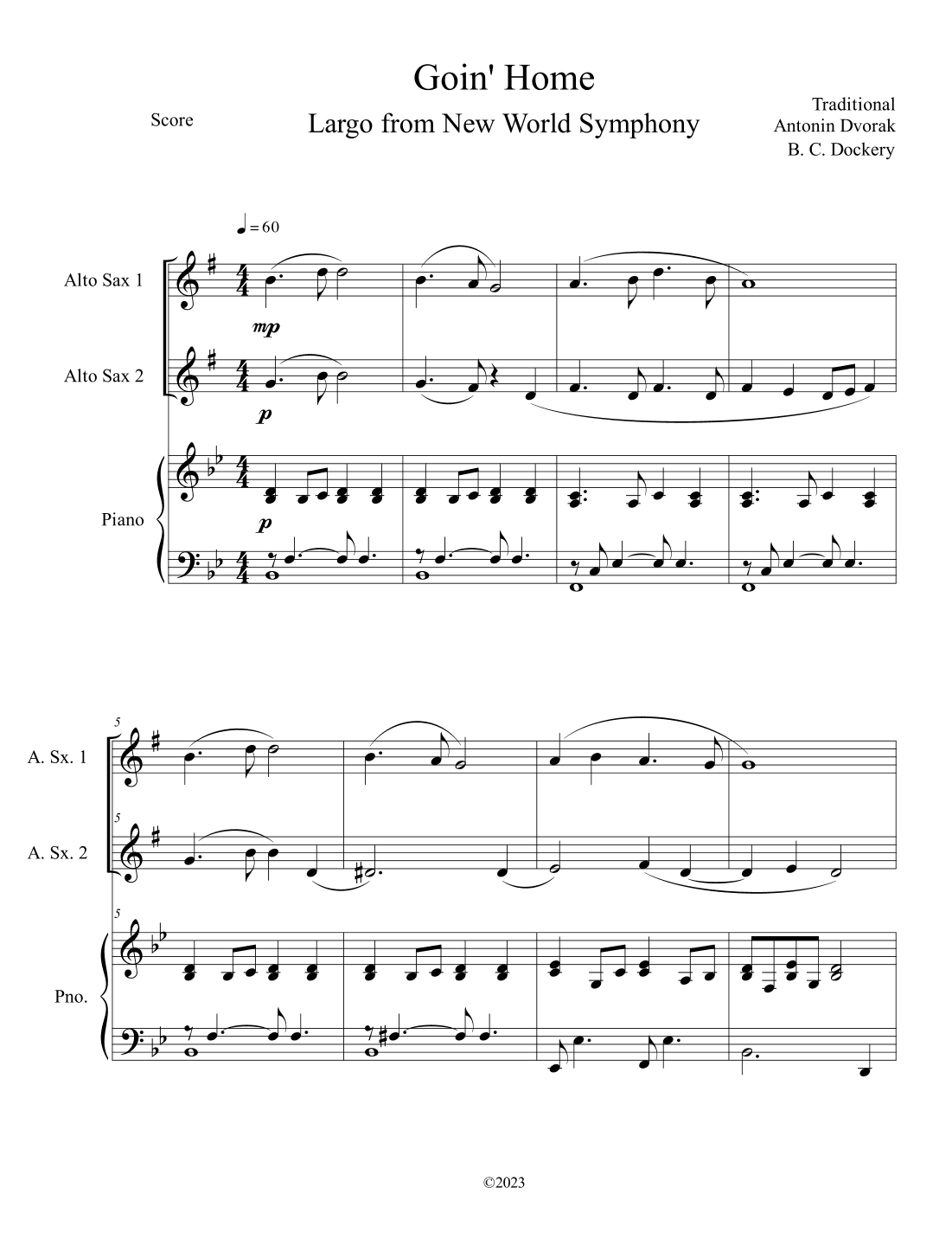 Goin' Home - Largo from New World Symphony (Alto Sax Duet with Piano Accompaniment) (arr. B. C. Dockery)
