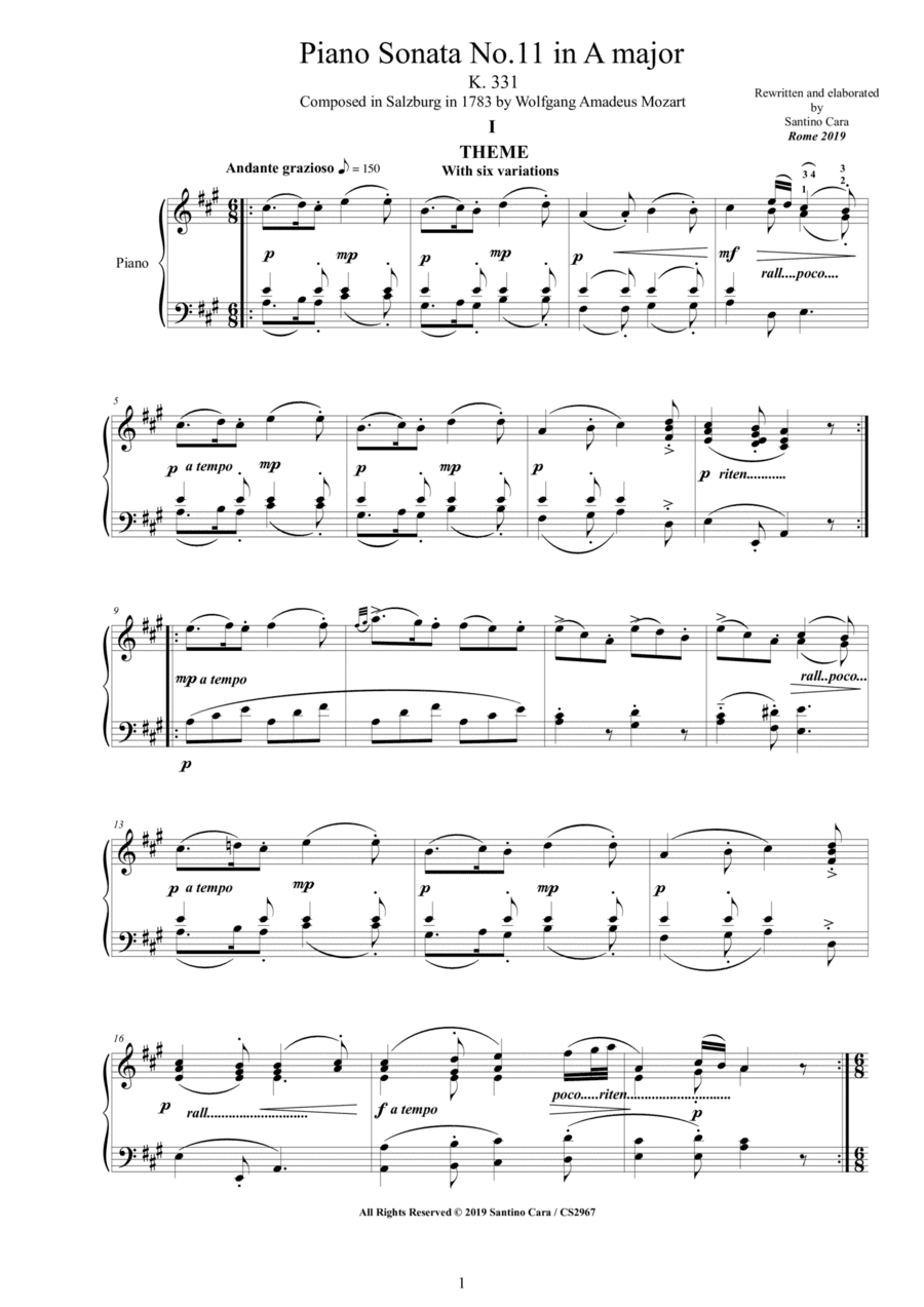 Mozart - Piano Sonata No.11 in A major K 331 - Complete score (arr. Santino Cara)