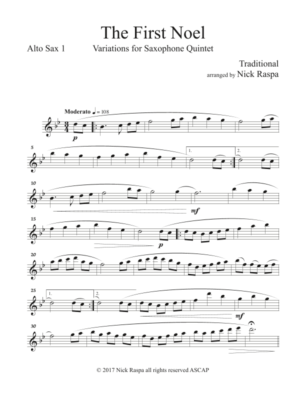 The First Noel - Variations for Sax Quintet (SAATB) Alto Sax 1 part (arr. Nick Raspa)