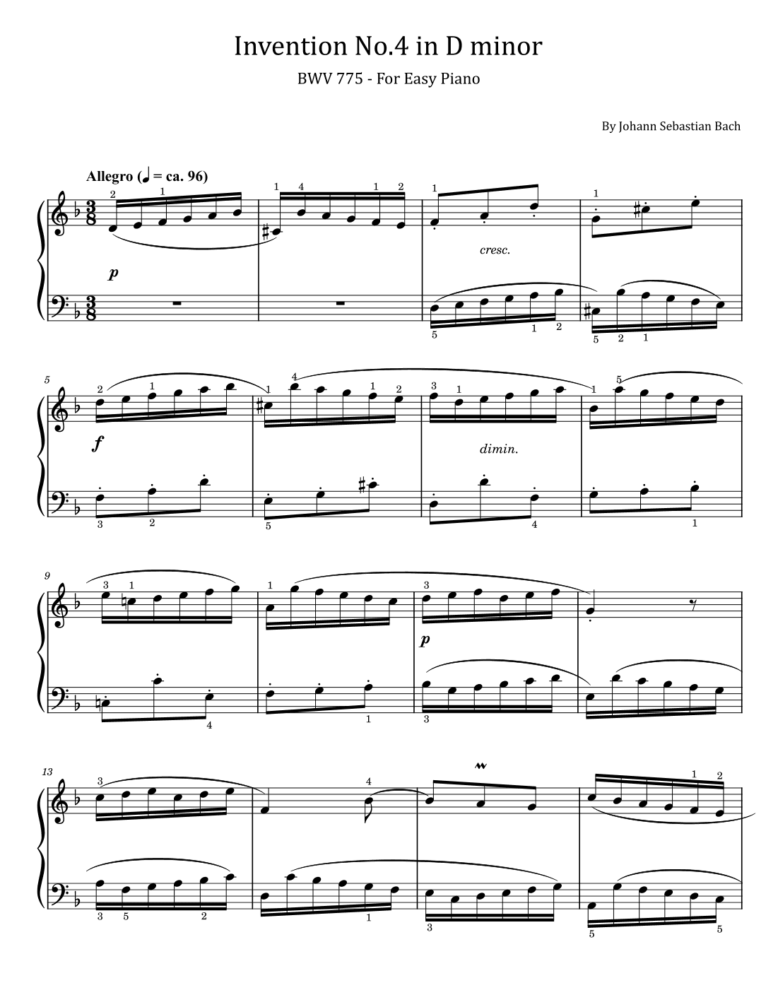 J S Bach - Invention No.4 in D minor - BWV 775 - For Easy Piano - With Finger (arr. poon)