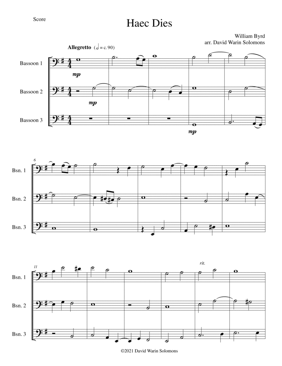 Haec Dies a 3, for three bassoons (arr. David Warin Solomons)