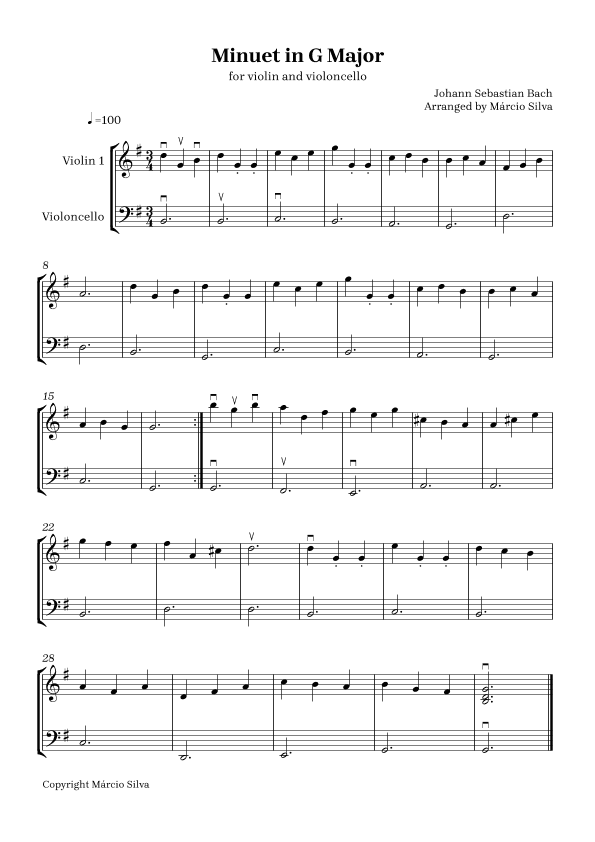 Minuet in G Major - for violin and violoncello (arr. Márcio Silva)