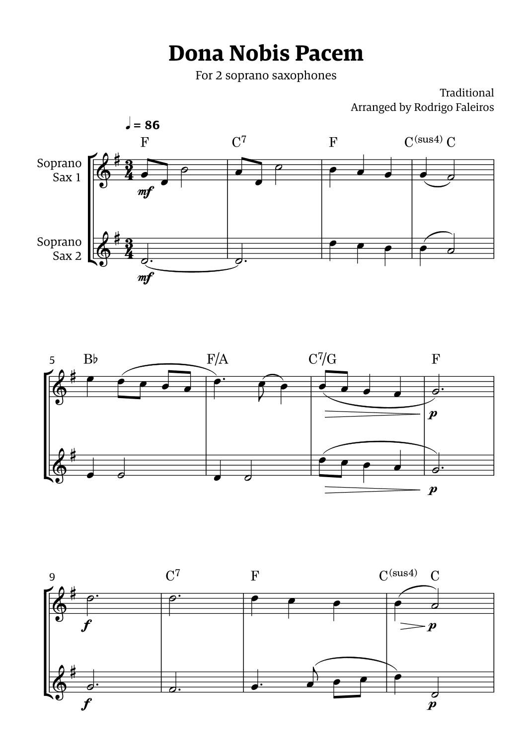 Dona Nobis Pacem - for 2 soprano saxophones (with chords) (arr. Rodrigo Faleiros)