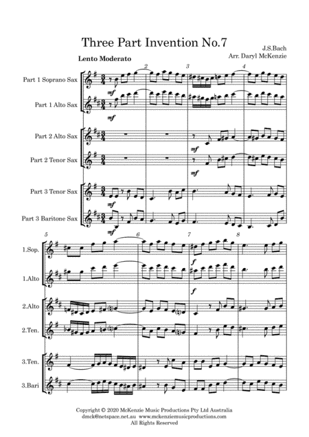 Bach Three Part Invention No.7 for Sax Trio - ATB, SAT, ATT, AAT (arr. Daryl McKenzie)