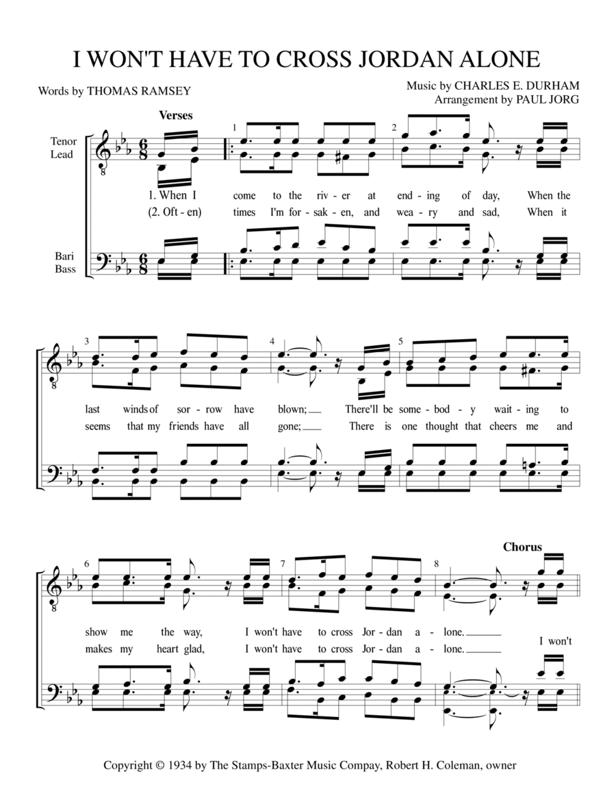 I Won't Have To Cross Jordan Alone (arr. Paul A. Jorg)
