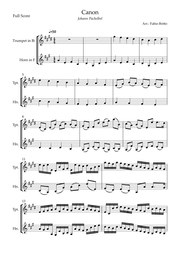 Canon - Johann Pachelbel (Wedding/Reduced Version) for Trumpet in Bb & Horn in F Duo (arr. Fabio Britto)