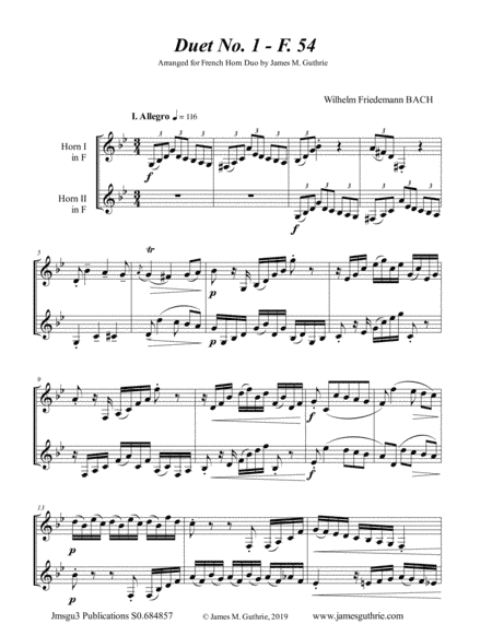 WF Bach: The Six Duets Complete for French Horn Duo (arr. James M. Guthrie, ASCAP)