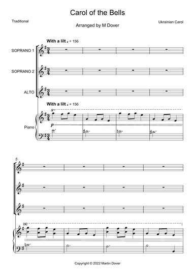 Carol of the Bells - 3 part choir - SSA - Upper Voices (arr. M & J Dover)