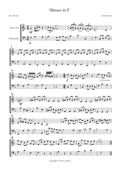 bwv anh 113 minuet in F sheet music Horn and Cello (arr. Arezzo Music)