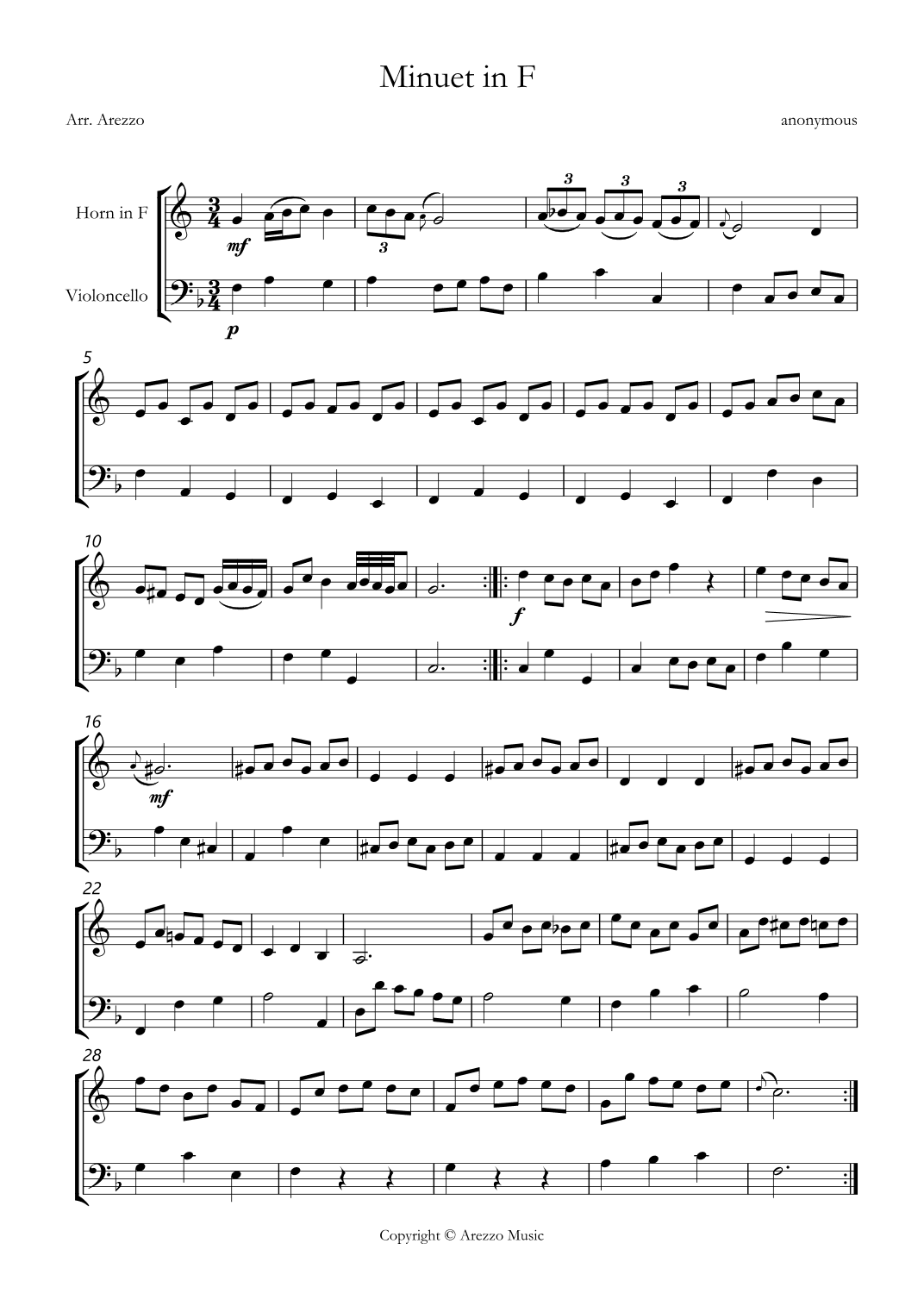 bwv anh 113 minuet in F sheet music Horn and Cello (arr. Arezzo Music)