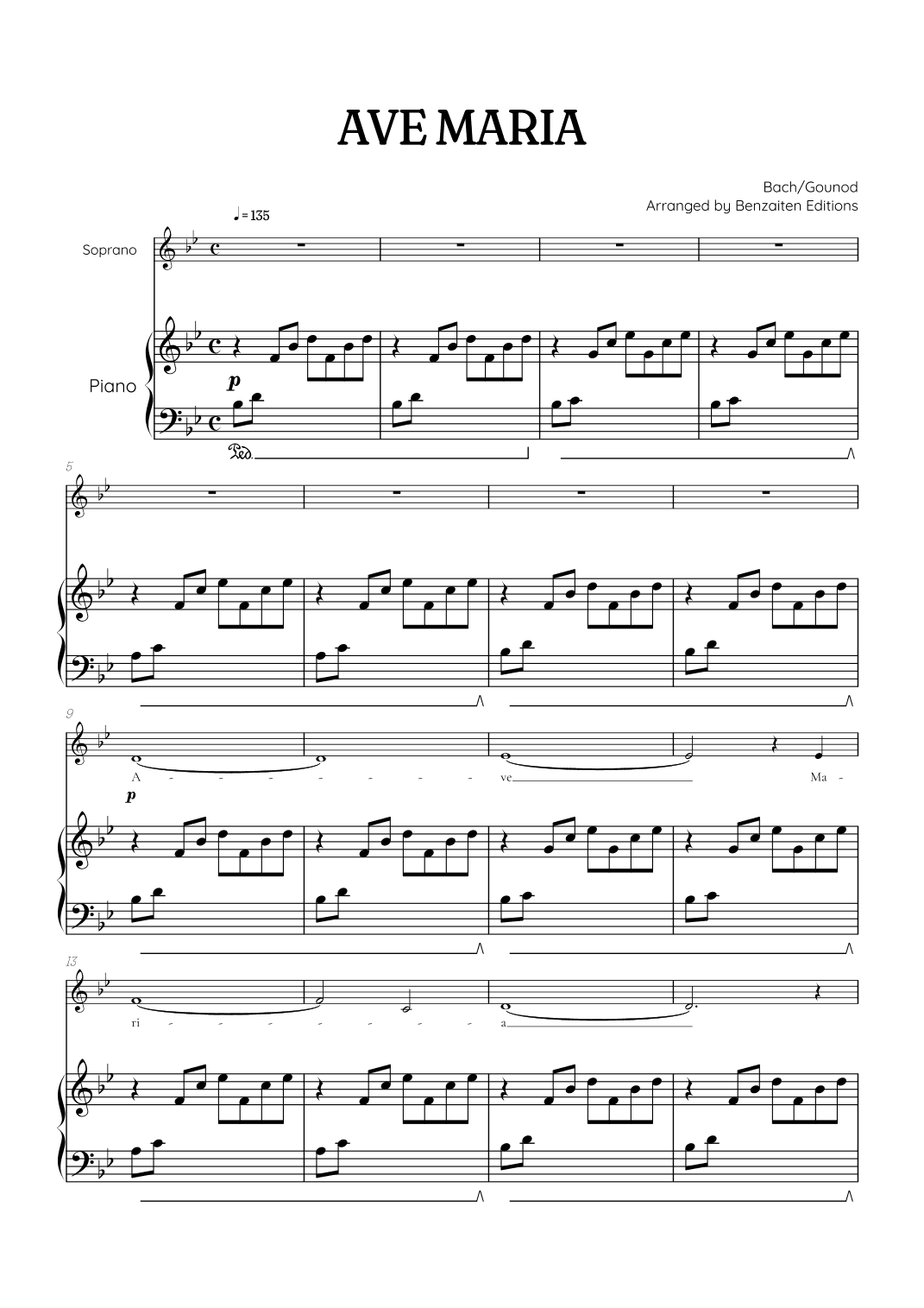 Bach / Gounod Ave Maria in B flat major [Bb] • soprano sheet music with piano accompaniment (arr. Benzaiten Editions)