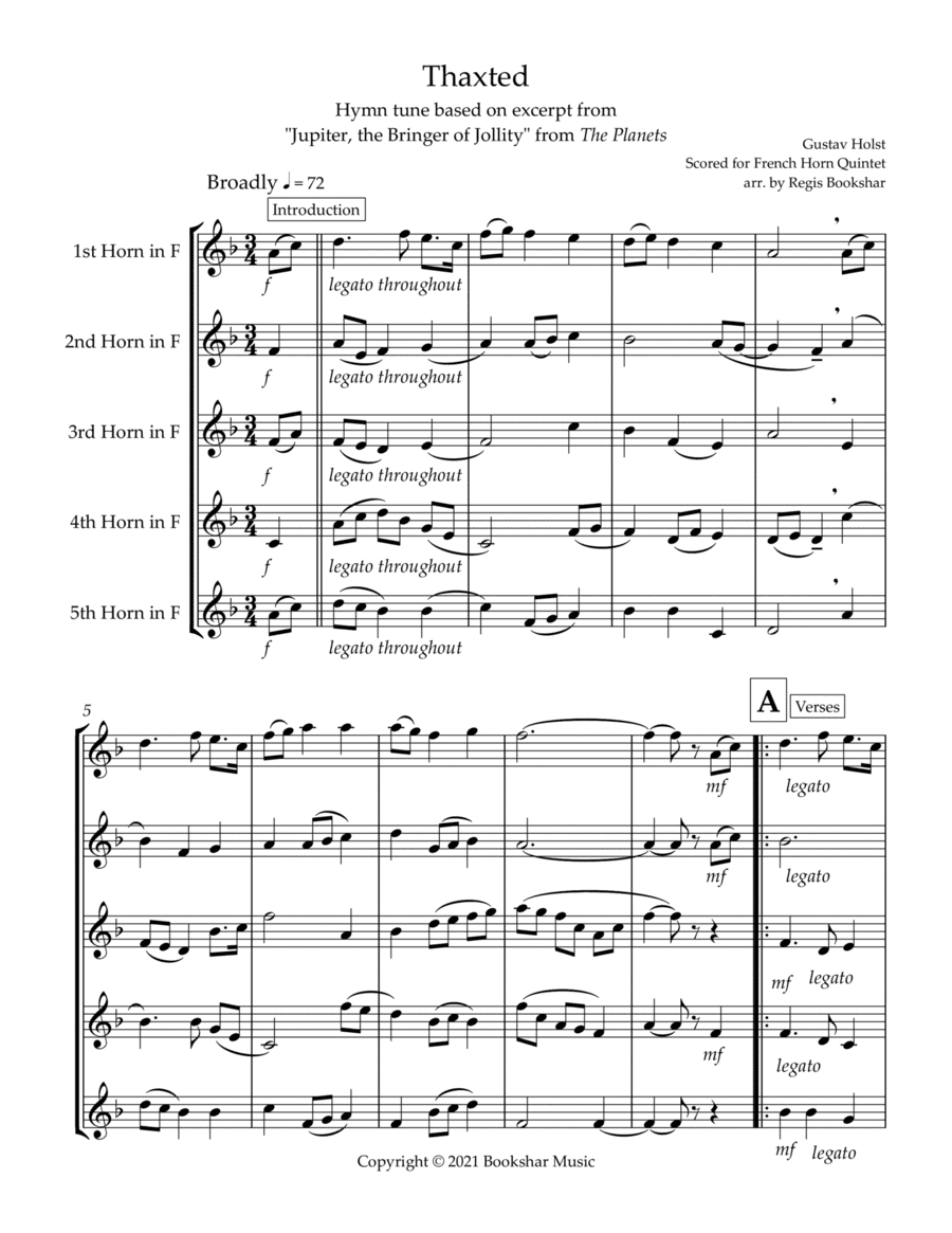 Thaxted (hymn tune based on excerpt from "Jupiter" from The Planets) (Bb) (French Horn Quintet) (arr. Regis Bookshar)