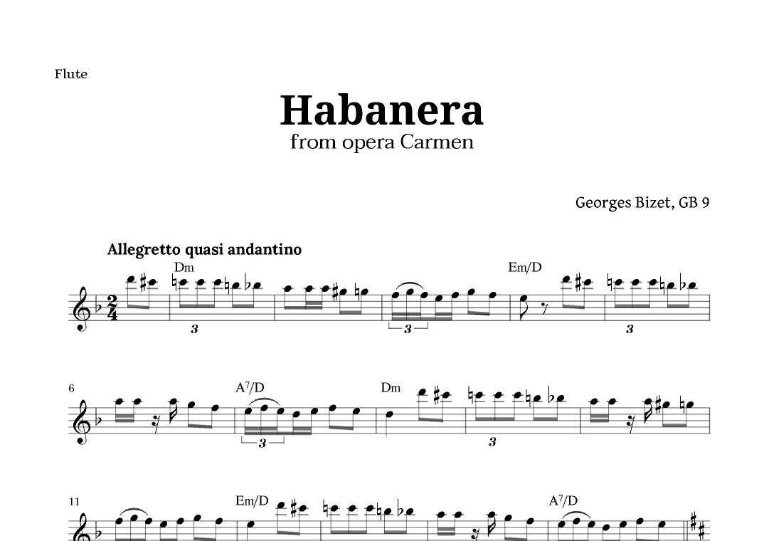 Habanera from Carmen by Bizet for Flute with Chords (arr. Langanho)
