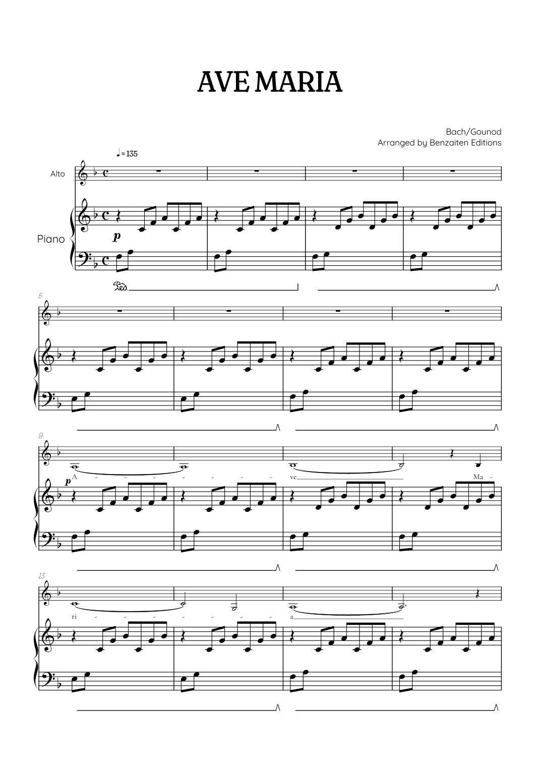 Bach / Gounod Ave Maria in F major • contralto sheet music with piano accompaniment (arr. Benzaiten Editions)