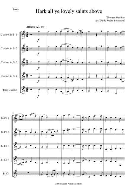 Hark all ye lovely saints above for clarinet quintet (arr. David Warin Solomons)