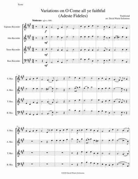Variations on O Come all ye faithful (Adeste fideles) for recorder quartet (arr. David Warin Solomons)