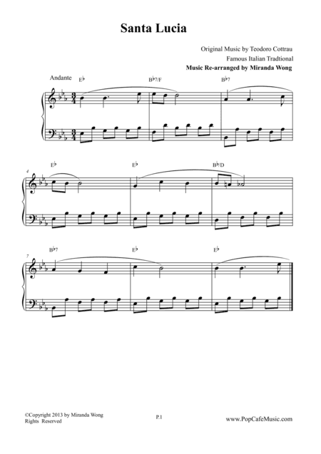 Santa Lucia - Piano Solo in Eb Key (arr. Miranda Wong)