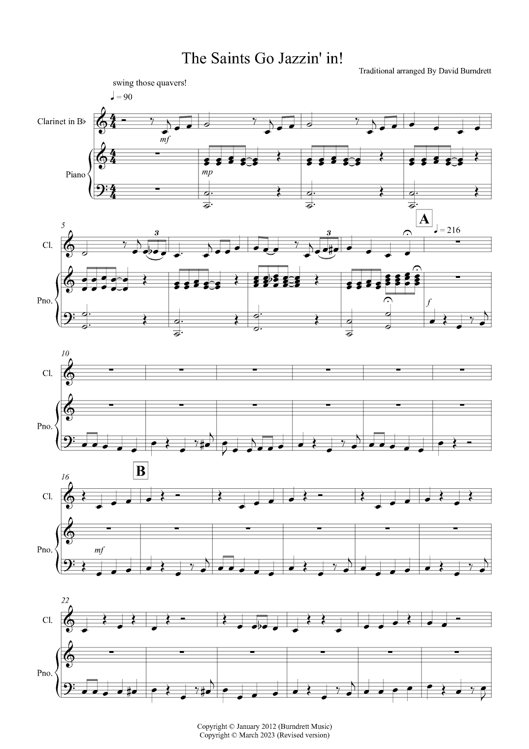 The Saints Go Jazzin' In! for Clarinet and Piano (arr. David Burndrett)