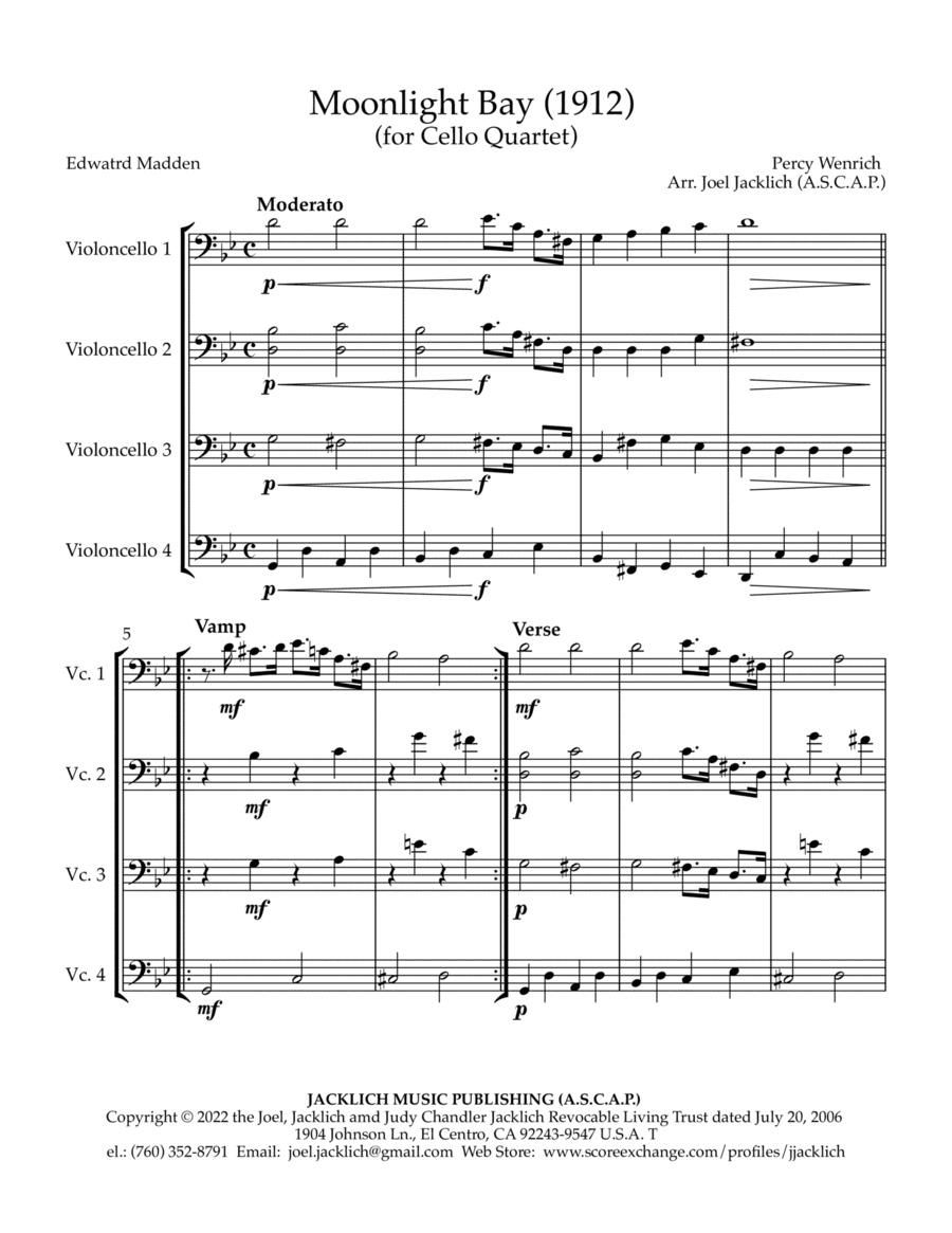 Moonlight Bay (for Cello Quartet) (arr. Joel Jacklich (ASCAP))