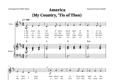 America (My Country, 'Tis of Thee) - Voice and Piano in D (+CHORDS) (arr. Valdir Maia)