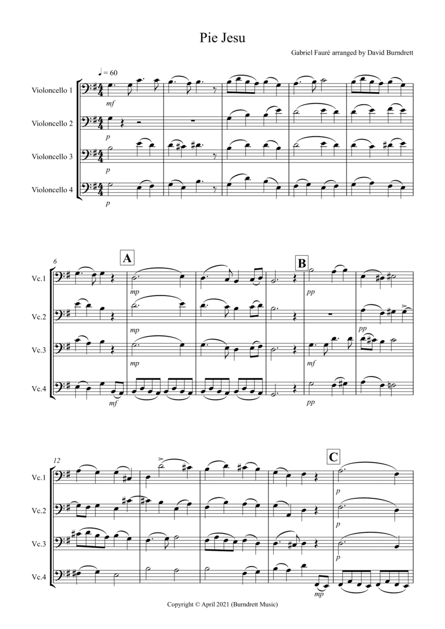 Pie Jesu (from Requiem) for Cello Quartet (arr. David Burndrett)