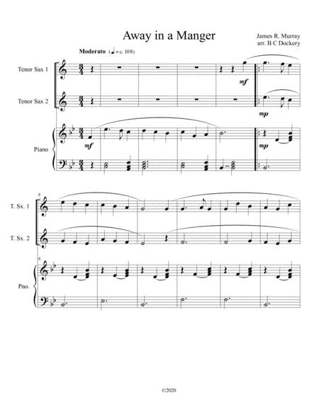 Away in a Manger (tenor sax duet) with optional piano accompaniment (arr. B C Dockery)