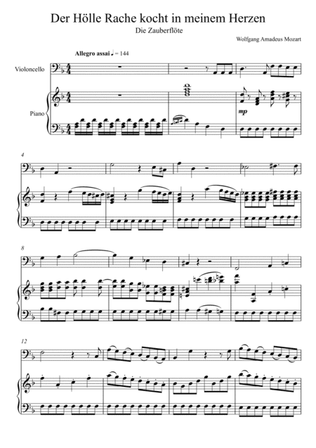 W.A Mozart - Der Hölle Rache kocht in meinem Herzen (Die Zauberflöte) Violoncello Solo - F Key (arr. André Laitano)