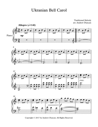 Ukranian Bell Carol (Carol of the Bells) - Piano Solo (arr. Andrew Duncan)