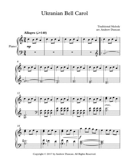 Ukranian Bell Carol (Carol of the Bells) - Piano Solo (arr. Andrew Duncan)