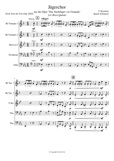 Jägerchor aus Das Nachtlager von Granada - C Kreutzer, Bearb.B Kutsch (Brass Quintet) (arr. Bernard Kutsch & Peet du Toit)