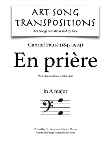 FAURÉ: En prière (transposed to A major, bass clef) (arr. ArtSongTranspositions.com)