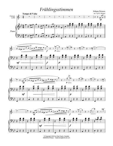 Frühlingsstimmen / Voices of Spring for easy clarinet in Bb and piano (arr. K. Krantz)